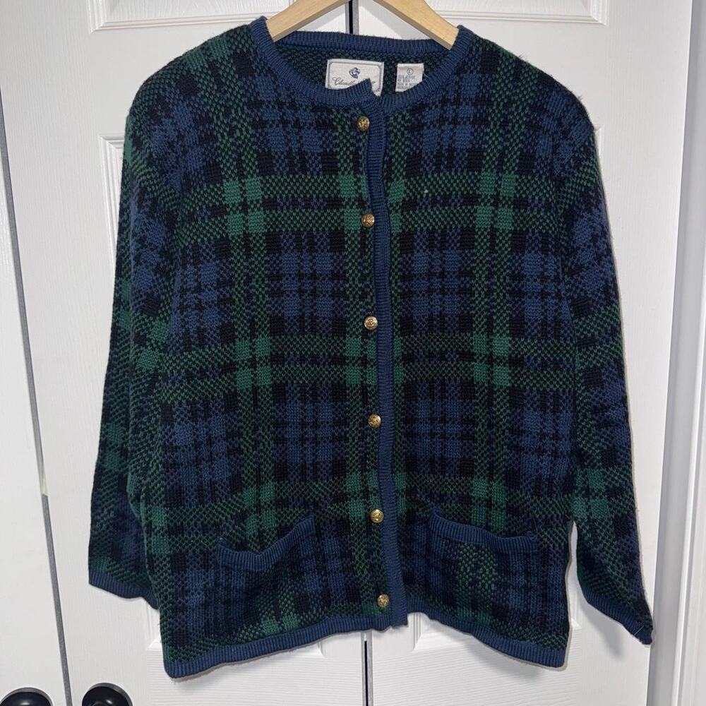 Vintage 1990s chandler hill plaid knit acrylic cardigan sweater size large